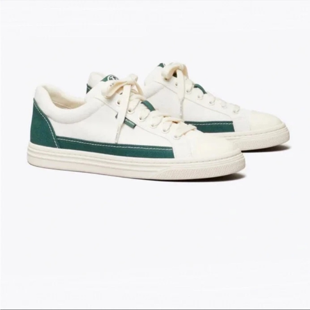 Tory Burch Size 10.5M Womens Classic Court Sneaker‎ Ivory Canvas/Mineral Green